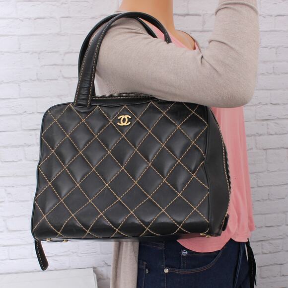 Chanel Wild Stitch Black Lambskin Leather Handbag Satchel Purse A5529 - Picture 3 of 11